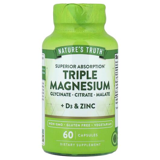 Основне фото товара Nature's Truth, Triple Magnesium + D3 & Zinc, Магній, 60