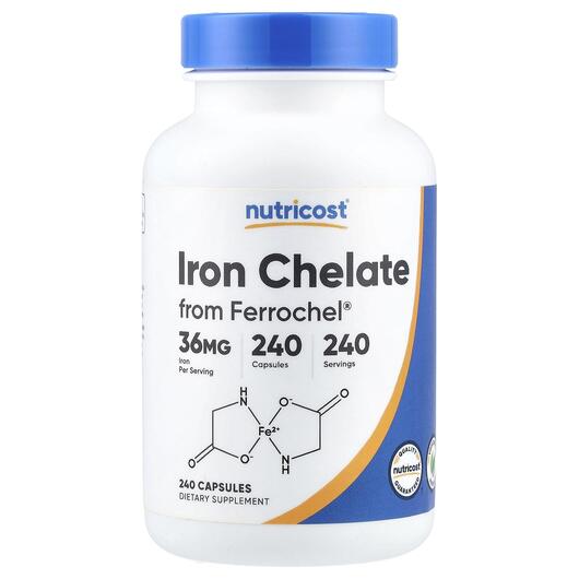 Основное фото товара Nutricost, Железо, Iron Chelate From Ferrochel 36 mg, 240 капсул
