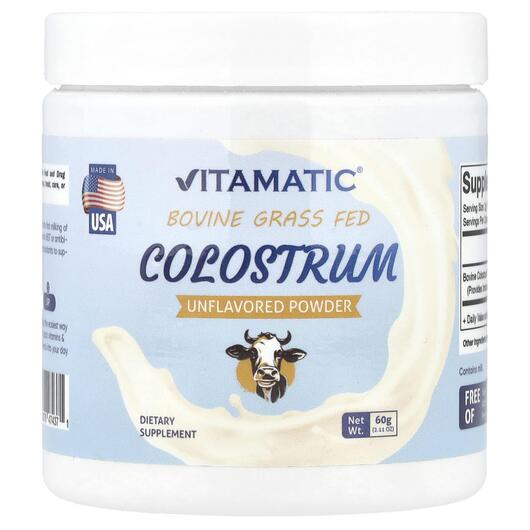 Основне фото товара Vitamatic, Bovine Grass Fed Colostrum Unflavored, Колострум, 60 г