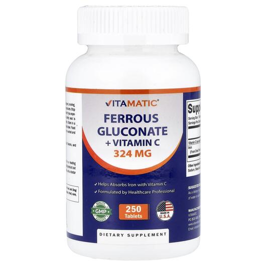 Основне фото товара Vitamatic, Ferrous Gluconate + Vitamin C, Залізо, 250 таблеток