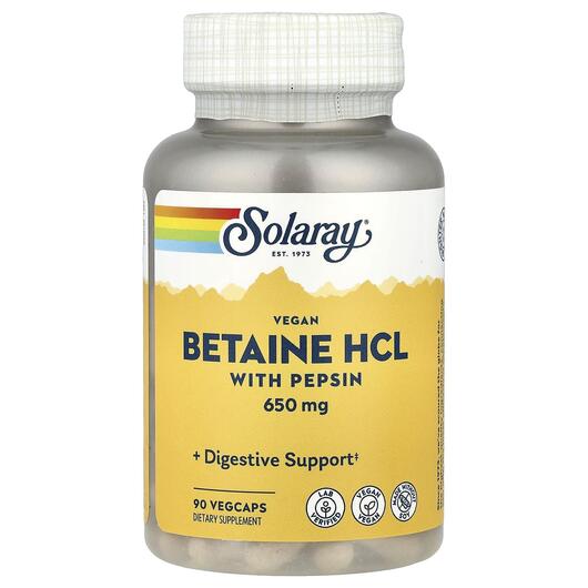 Основне фото товара Solaray, Betaine HCL with Pepsin, Бетаїн Гідрохлорид, 90 капсул