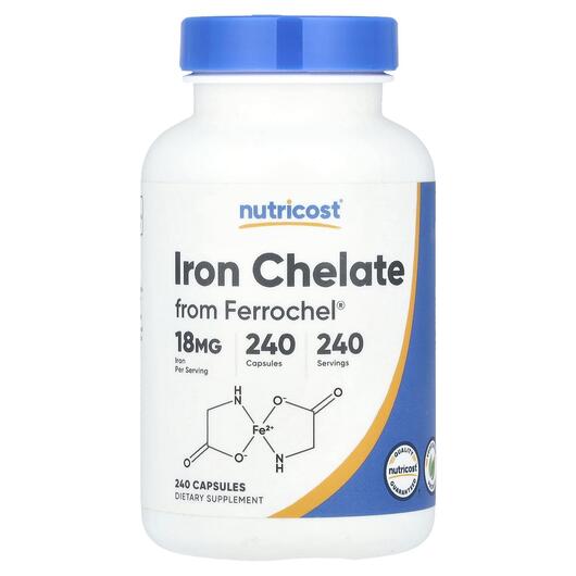 Основное фото товара Nutricost, Железо, Iron Chelate From Ferrochel 18 mg, 240 капсул