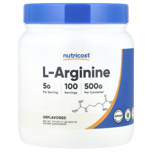 Основне фото товара Nutricost, L-Arginine Unflavored, L-Аргінін, 500 г