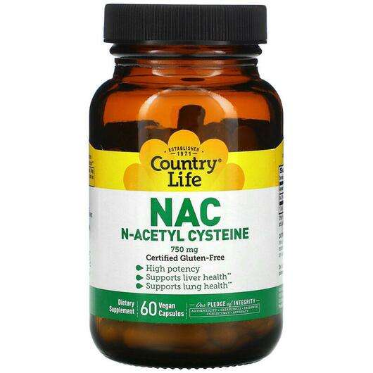 Основне фото товара Country Life, NAC N-Acetyl Cysteine 750 mg, N-ацетил-цистеїн N...