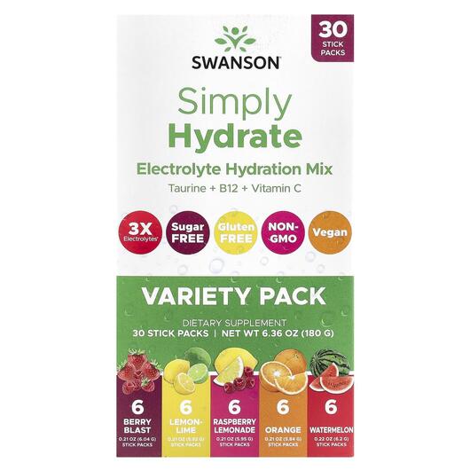 Основное фото товара Simply Hydrate Electrolyte Hydration Mix Variety, Электролиты, 30